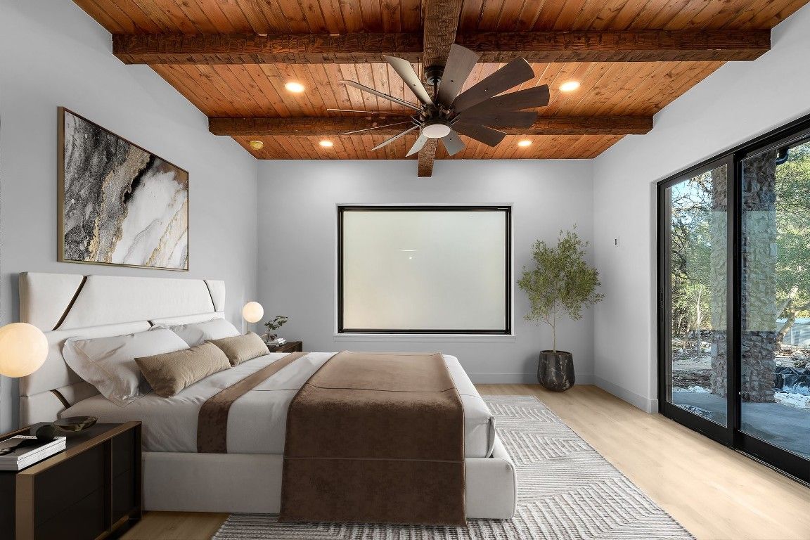 Bedroom, Interior, Recessed Lighting, Wooden Beams, Wooden Ceilings, Wood Texture Flooring