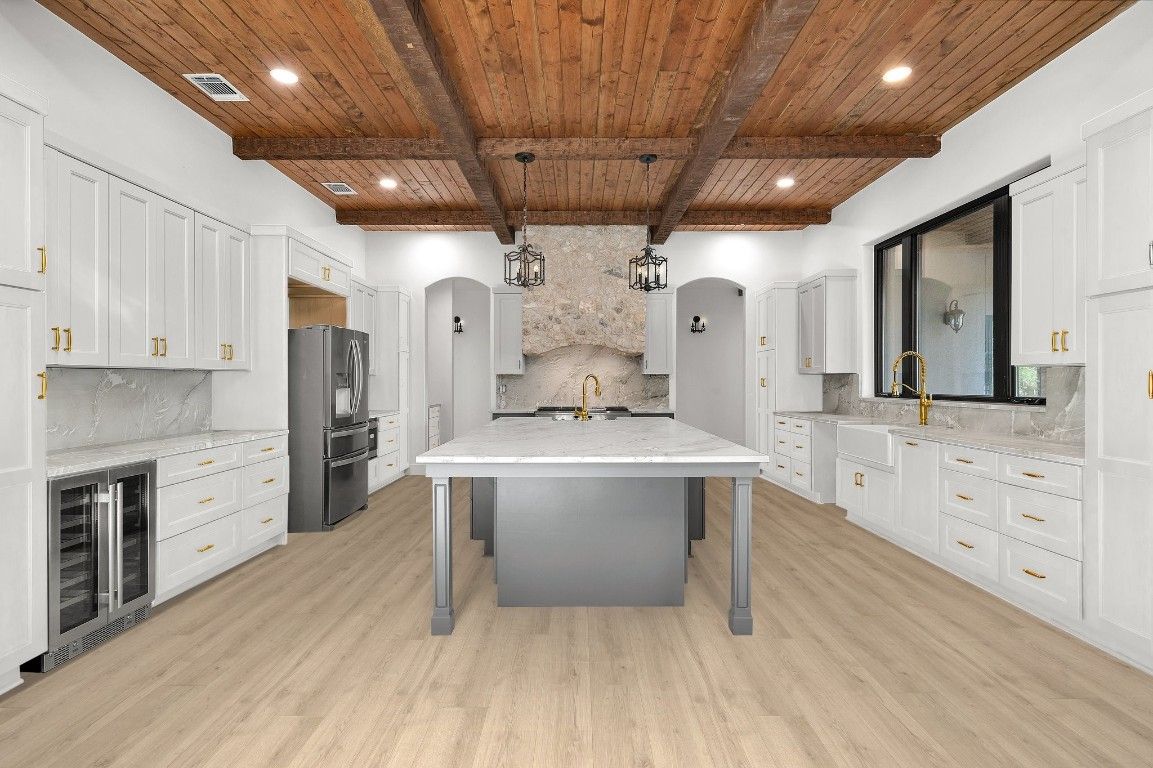 Interior, Kitchen, Marble Walls, Pendant Lights, Recessed Lighting, Stainless Steel Appliances, Wooden Beams, Wooden Ceilings, Wood Texture Flooring