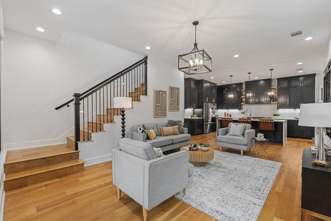 Interior, Kitchen, Living room, Pendant Lights, Recessed Lighting, Stainless Steel Appliances, Wood Texture Flooring