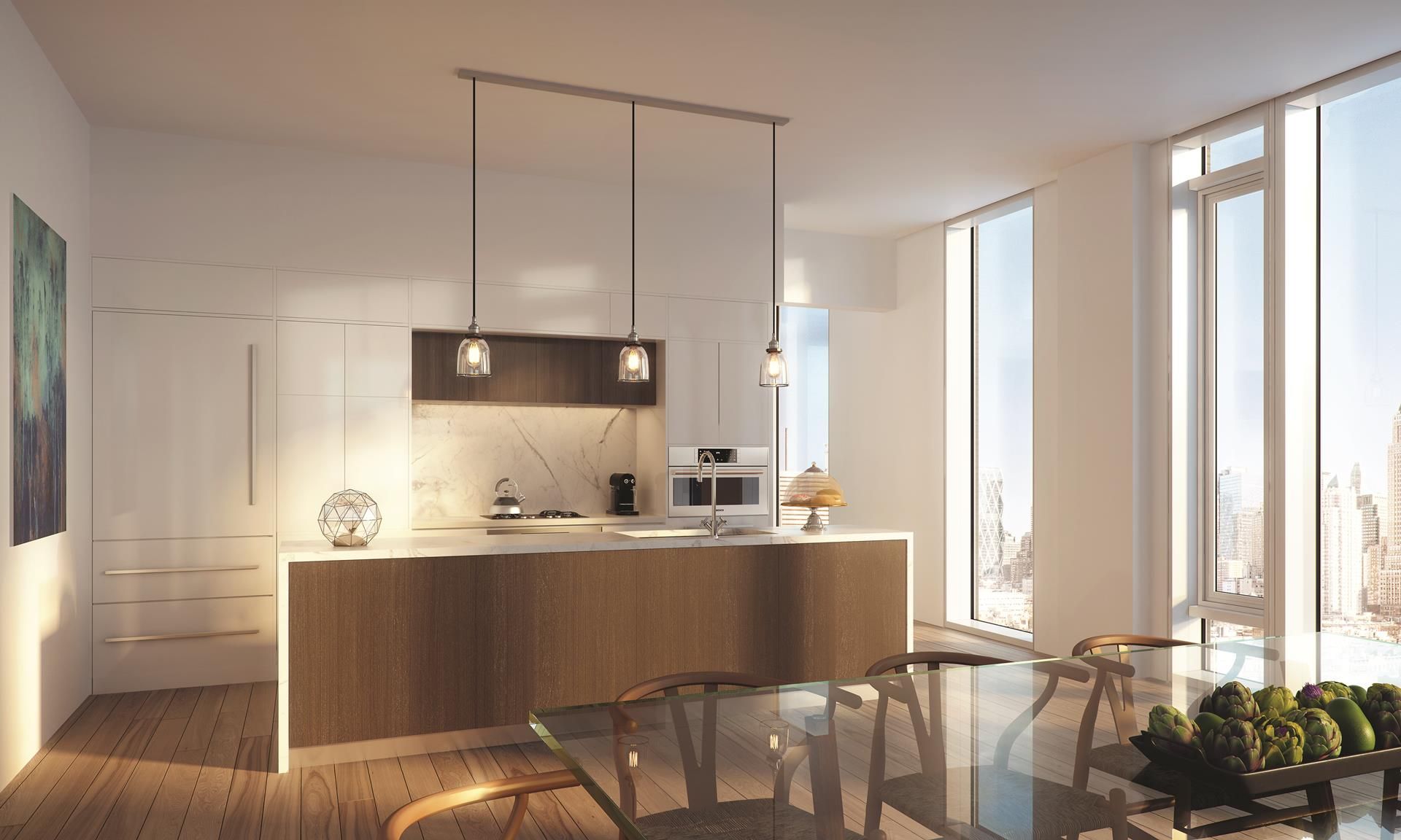 Interior, Kitchen, Pendant Lights, Stainless Steel Appliances, Wood Texture Flooring