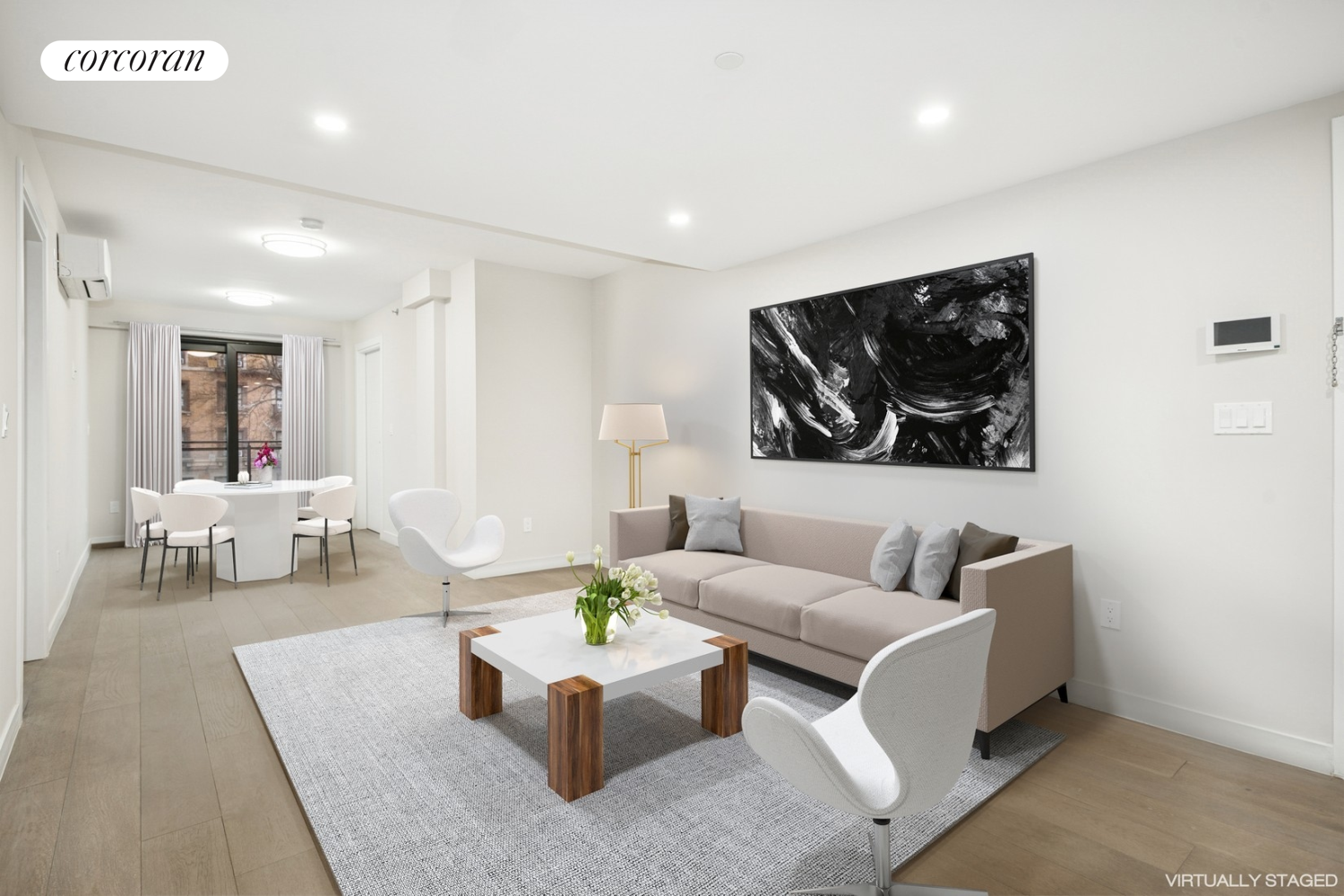 Dining room, Interior, Living room, Recessed Lighting, Wood Texture Flooring