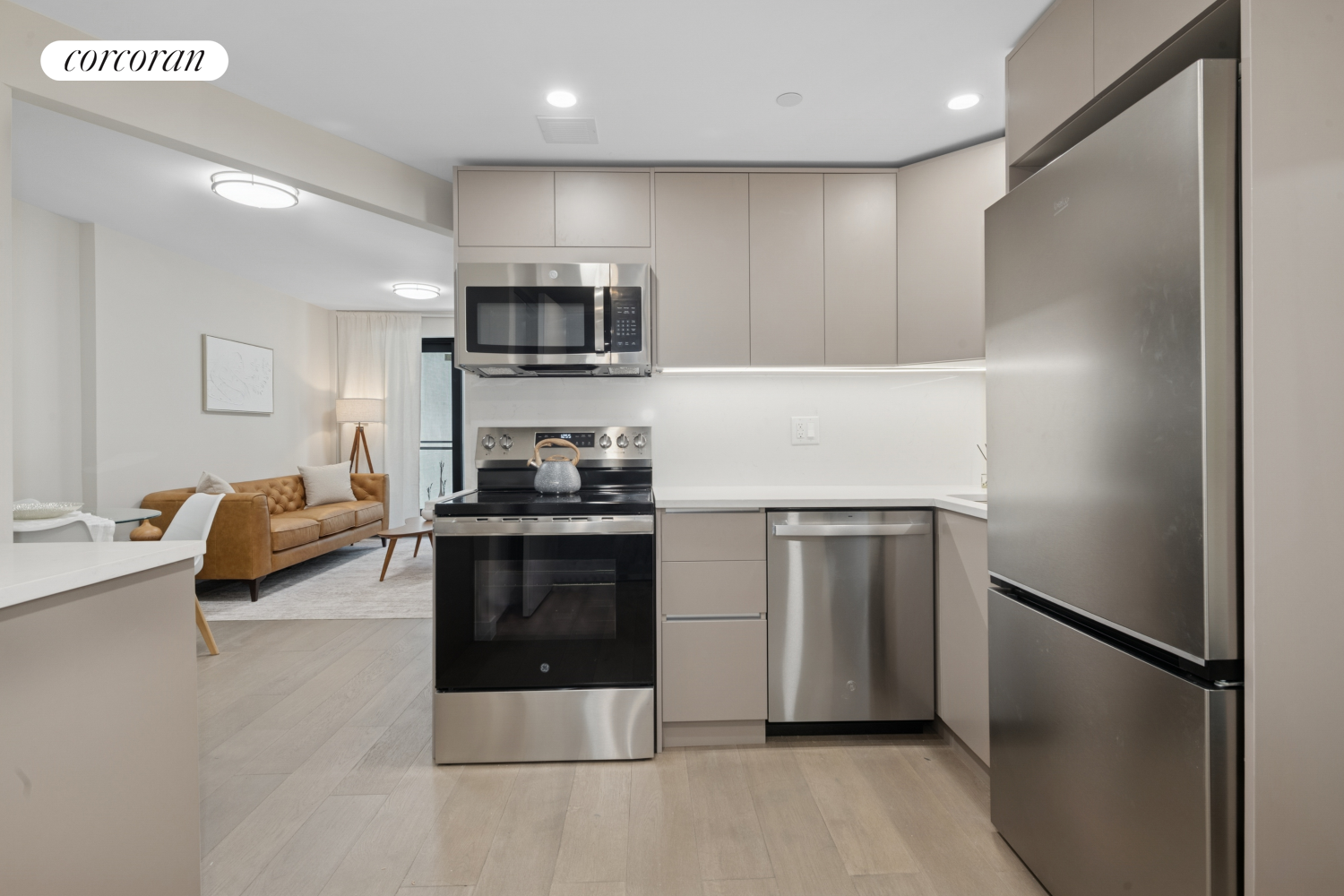 Interior, Kitchen, Living room, Recessed Lighting, Stainless Steel Appliances, Wood Texture Flooring