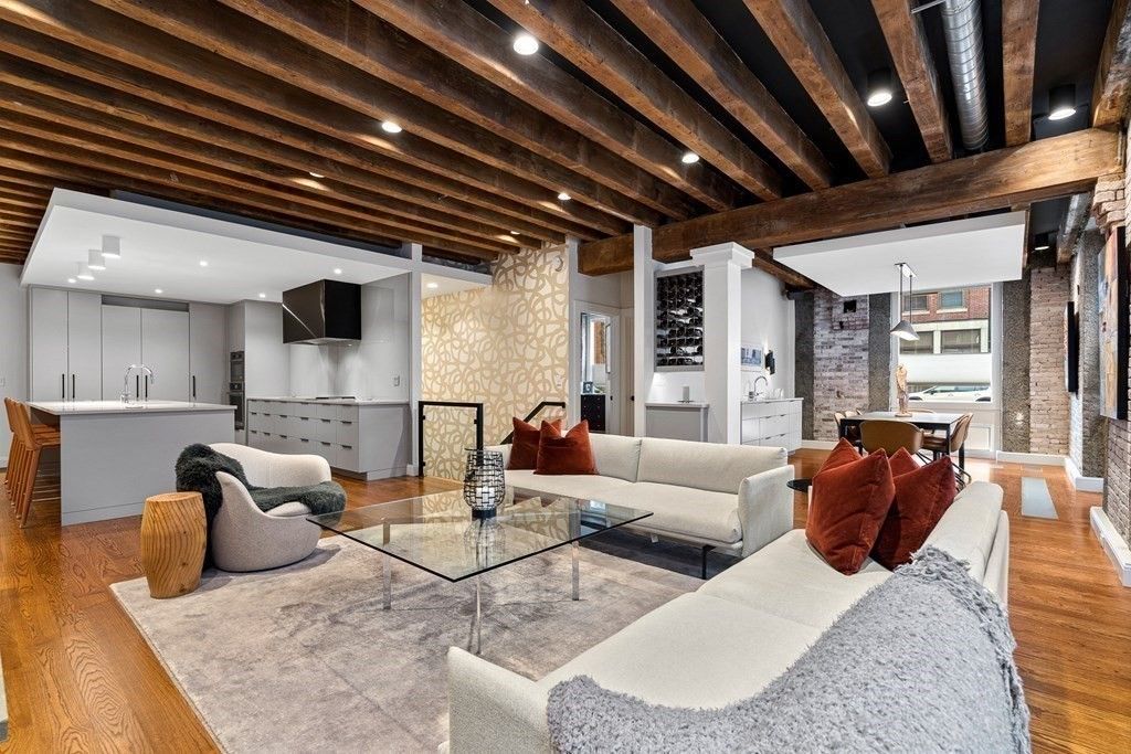 Interior, Kitchen, Wood Texture Flooring, Recessed Lighting, Living room, Dining room, Fireplace, Wooden Beams, Stainless Steel Appliances, Stone Walls, Pendant Lights