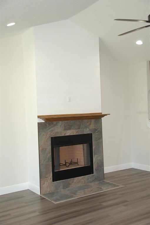 Fireplace, Interior, Recessed Lighting, Wood Texture Flooring