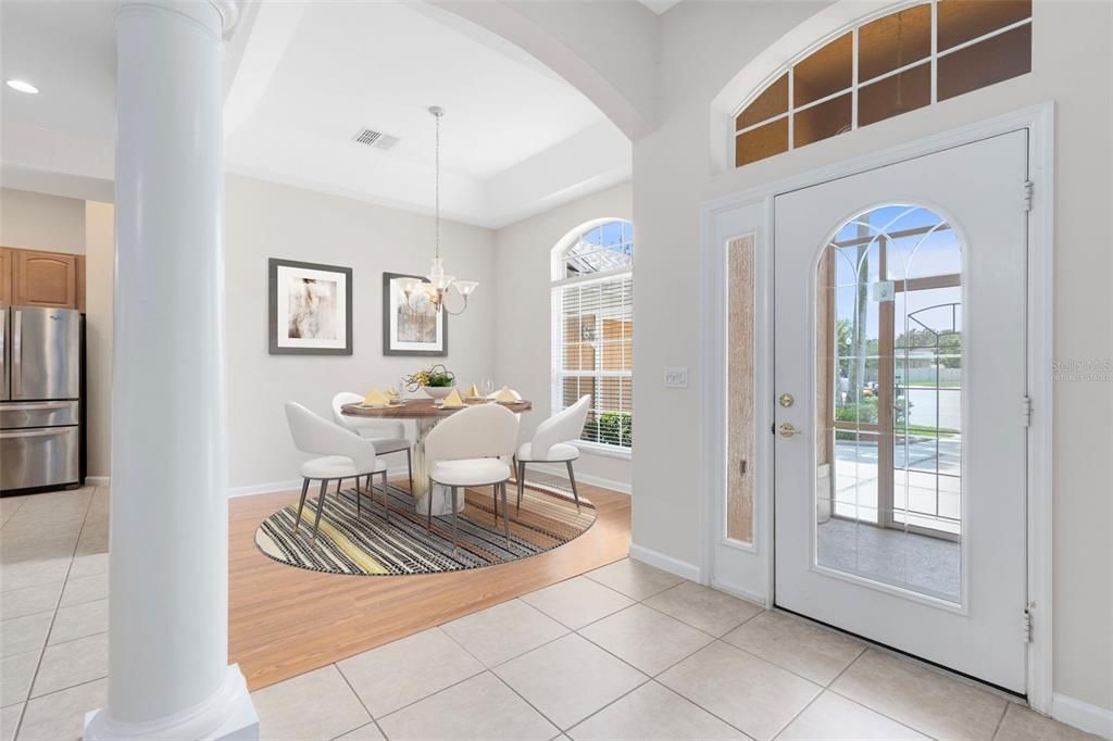Chandelier, Dining room, Interior, Kitchen, Pendant Lights, Recessed Lighting, Stainless Steel Appliances, Wood Texture Flooring