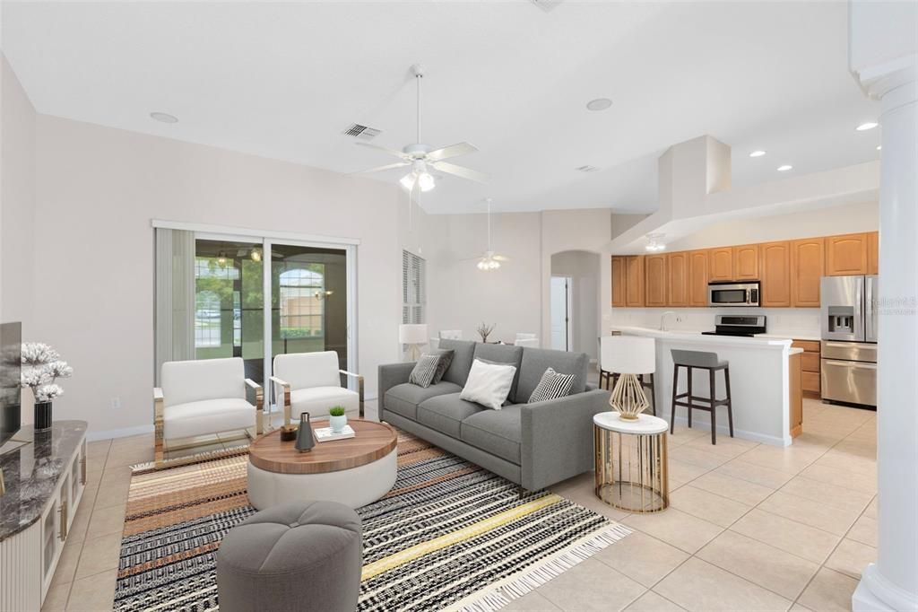 Dining room, Interior, Kitchen, Living room, Pendant Lights, Recessed Lighting, Stainless Steel Appliances