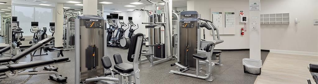 Fitness Equipment, Gym, Interior, Recessed Lighting, Wood Texture Flooring