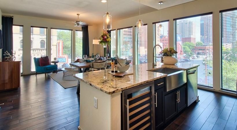 Interior, Kitchen, Living room, Pendant Lights, Recessed Lighting, Wood Texture Flooring