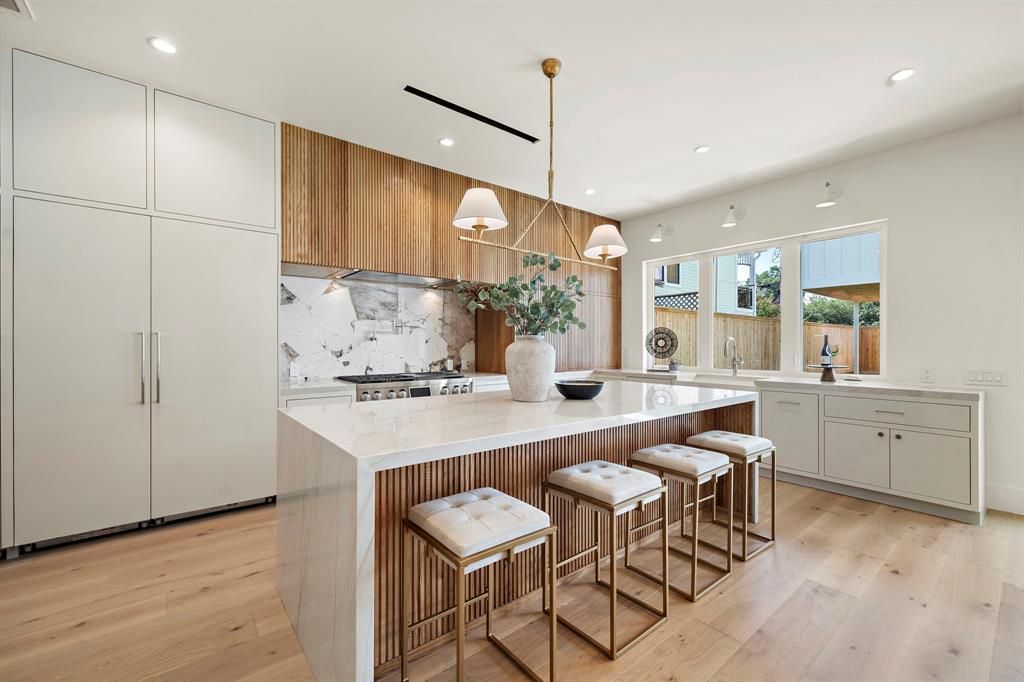 Interior, Kitchen, Marble Walls, Pendant Lights, Recessed Lighting, Wood Texture Flooring