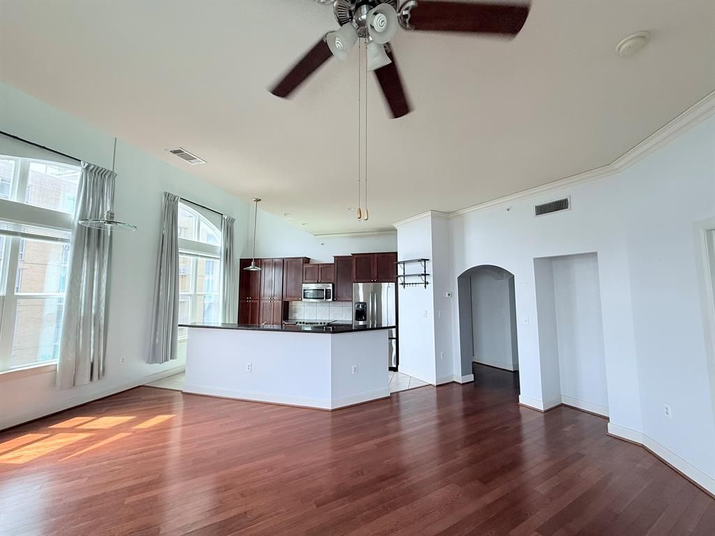 Empty room, Interior, Kitchen, Stainless Steel Appliances, Wood Texture Flooring