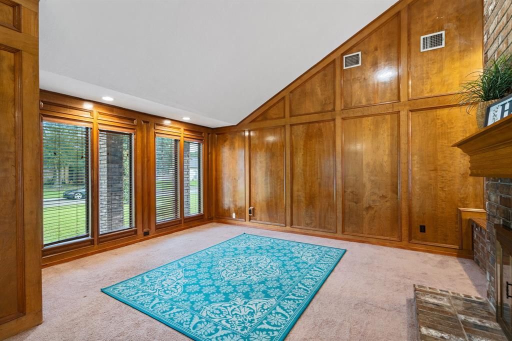 Empty room, Fireplace, Interior, Recessed Lighting, Wooden Walls