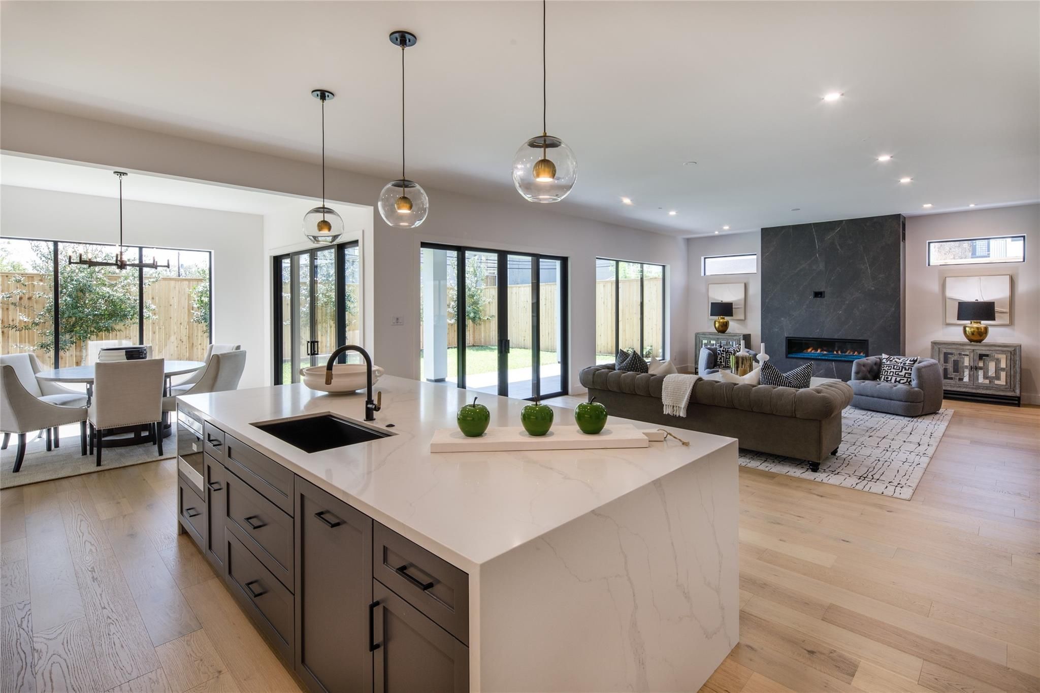 Dining room, Fireplace, Interior, Kitchen, Living room, Pendant Lights, Recessed Lighting, Wood Texture Flooring