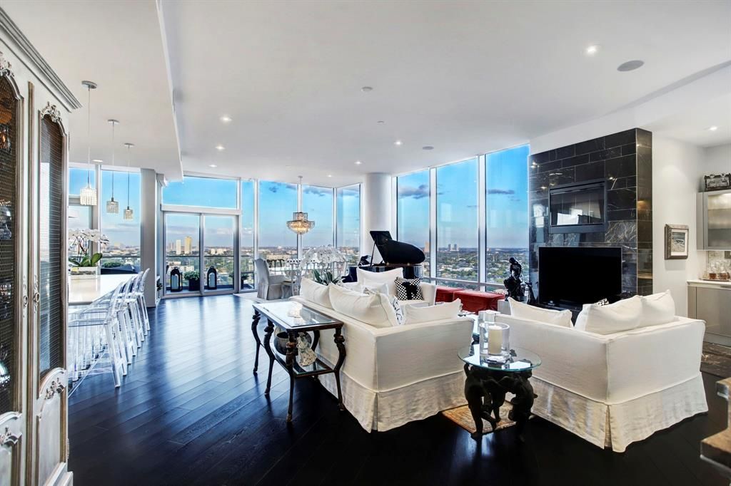 Dining room, Fireplace, Interior, Living room, Pendant Lights, Piano, Recessed Lighting, Wood Texture Flooring