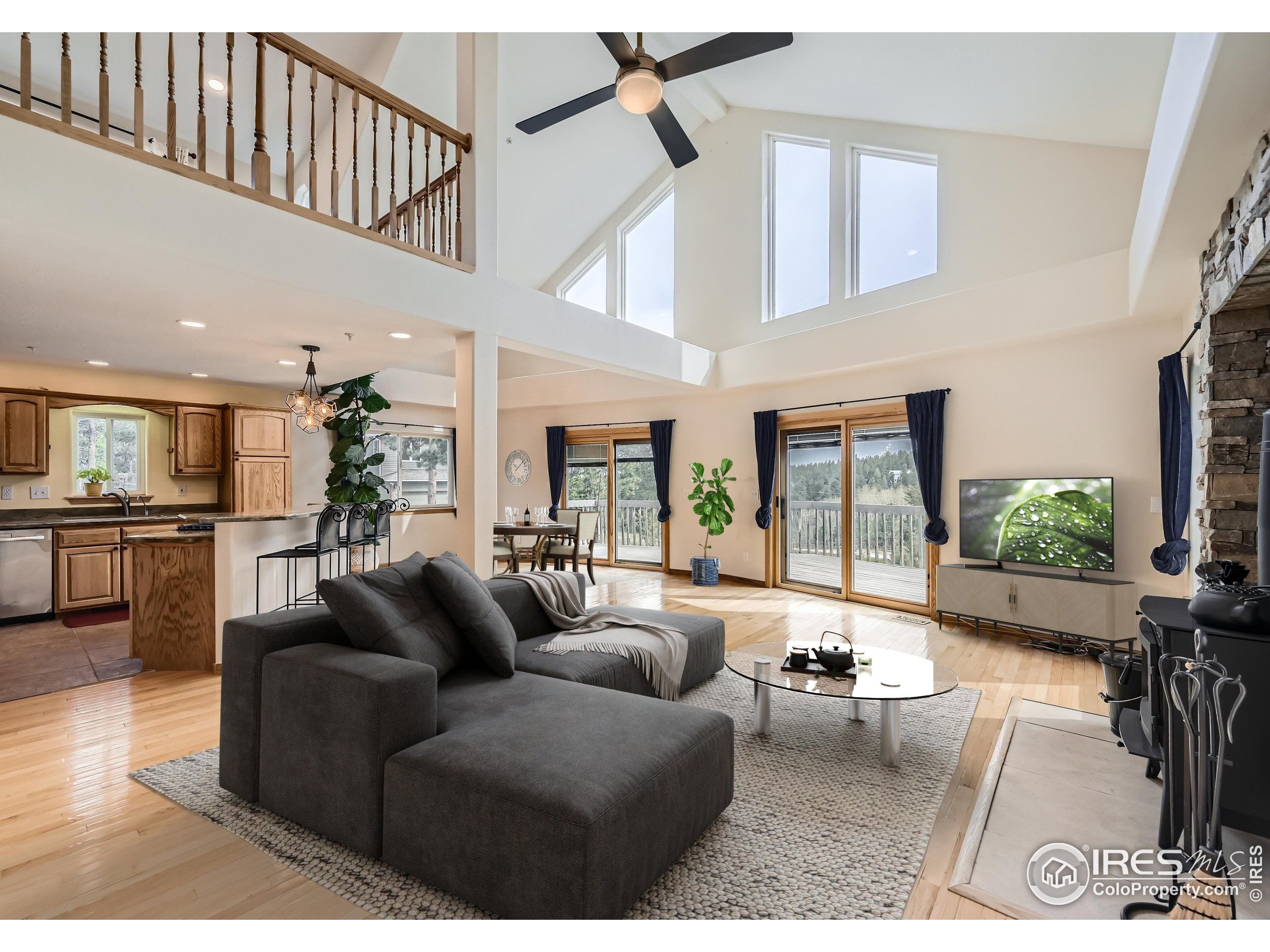 Dining room, Fireplace, Interior, Kitchen, Living room, Recessed Lighting, Wood Texture Flooring