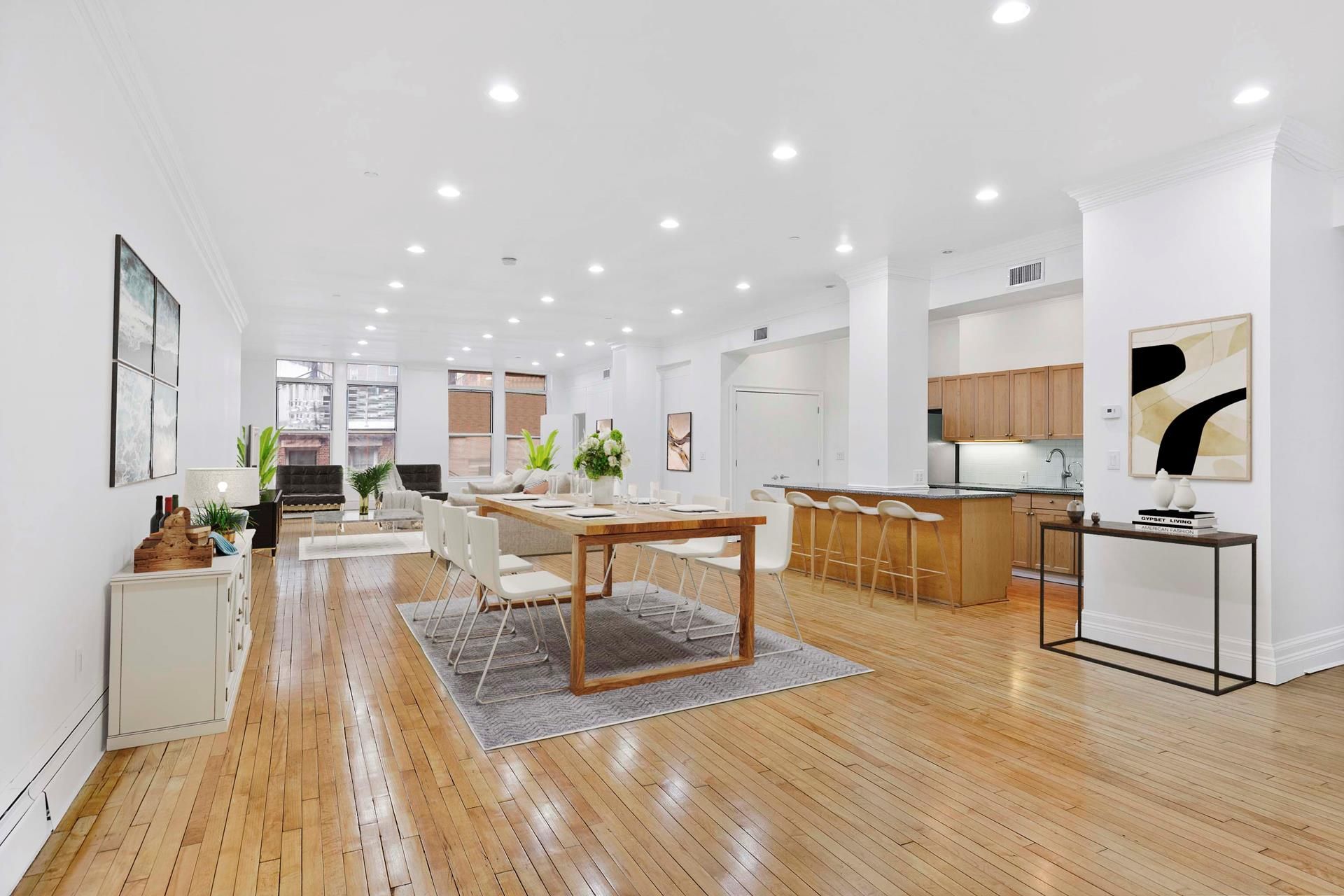Dining room, Interior, Kitchen, Recessed Lighting, Wood Texture Flooring