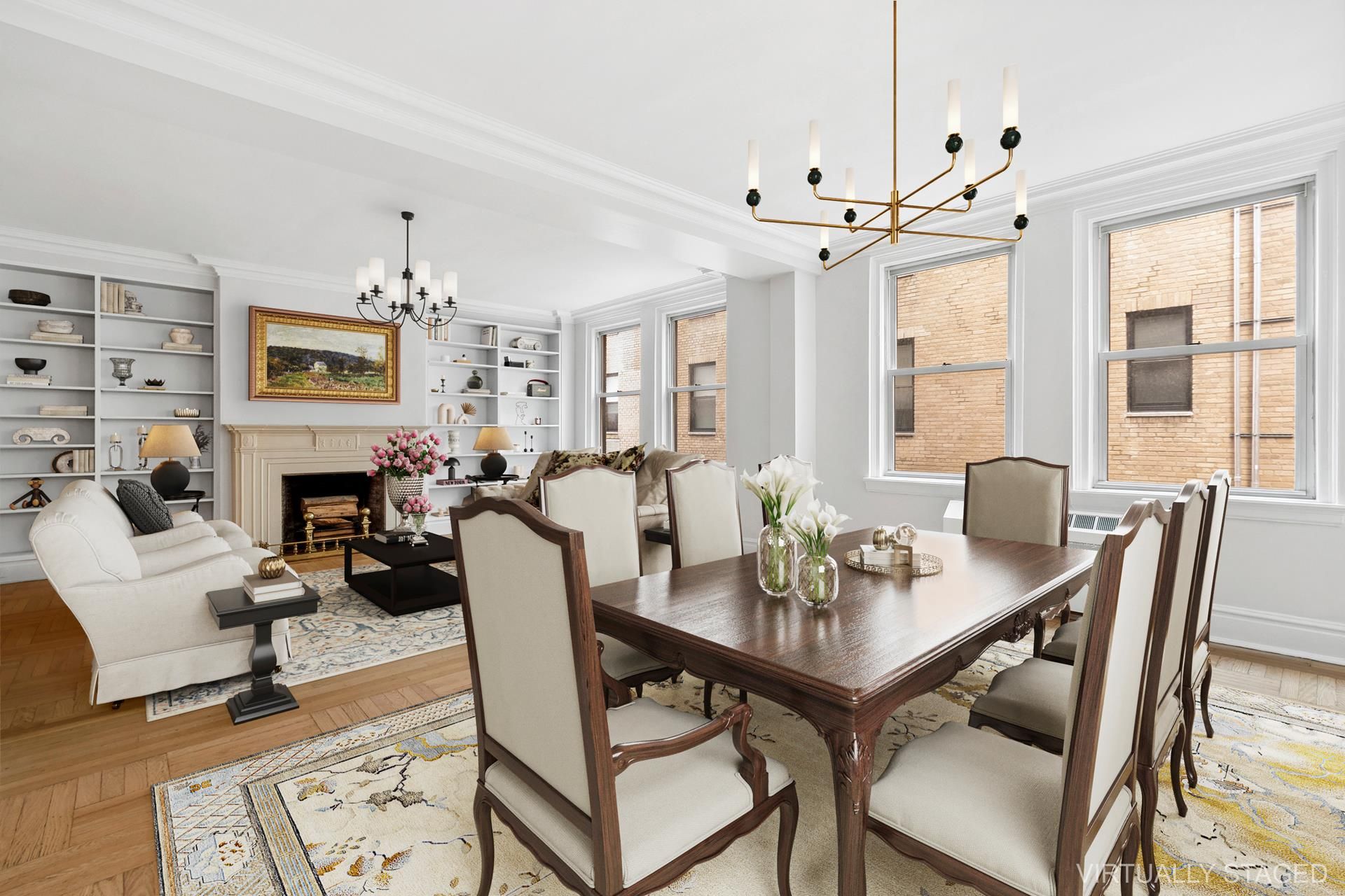 Chandelier, Dining room, Fireplace, Interior, Living room, Pendant Lights, Wood Texture Flooring
