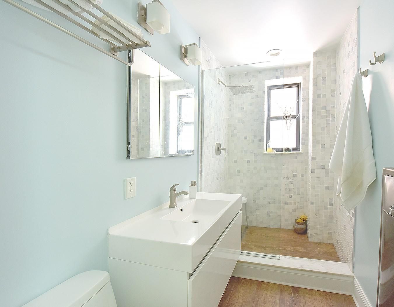 Bathroom, Glass Shower, Interior, Wood Texture Flooring