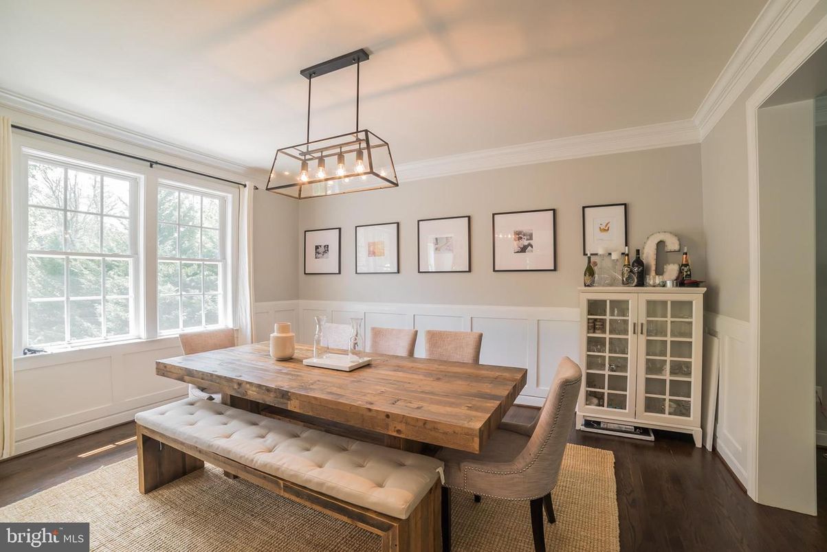 Dining room, Interior, Pendant Lights, Wood Texture Flooring