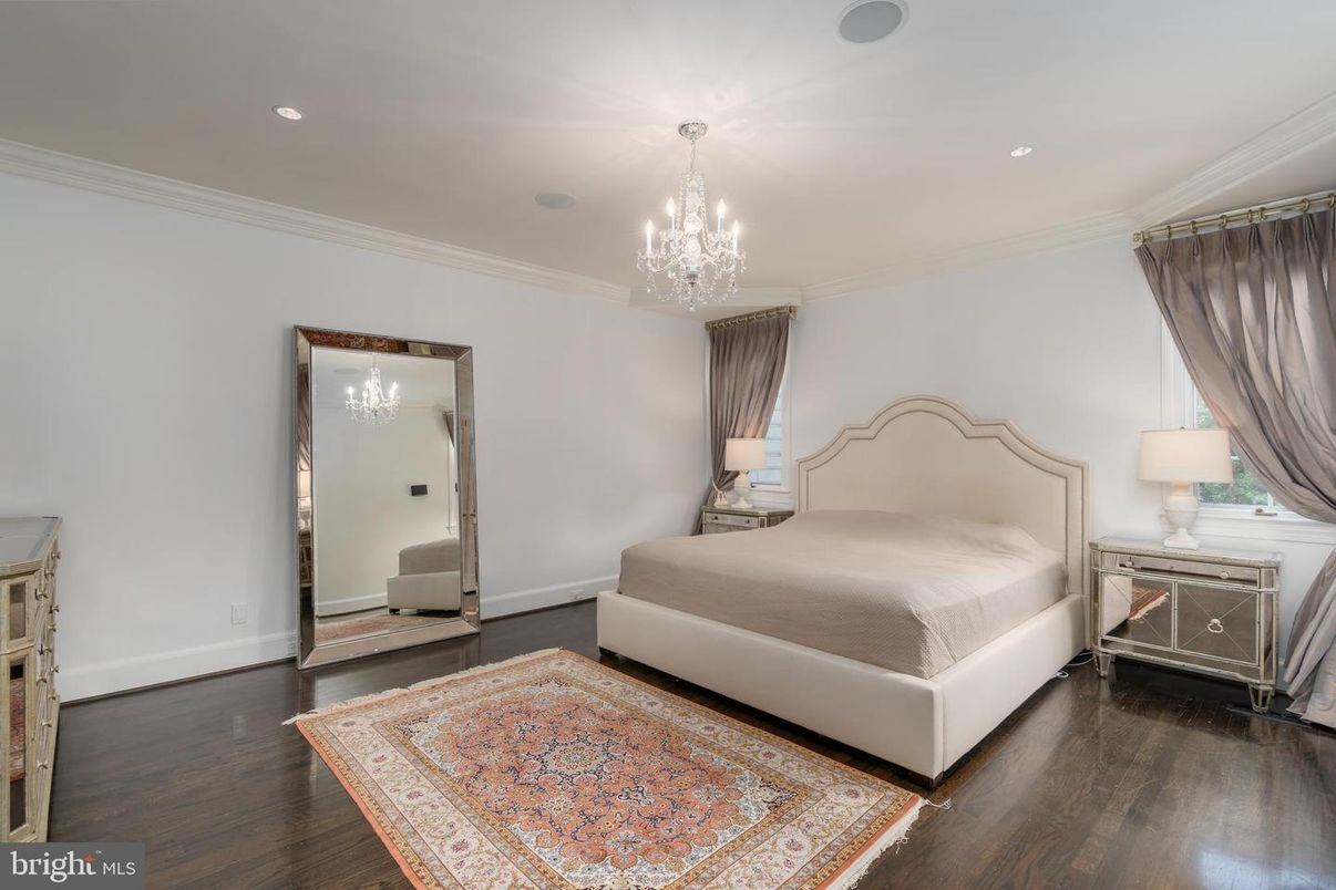 Bedroom, Chandelier, Interior, Recessed Lighting, Wood Texture Flooring