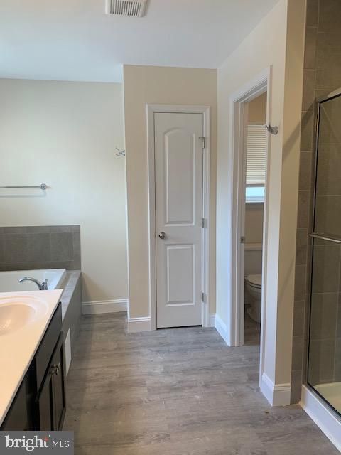 Bathroom, Glass Shower, Interior, Wood Texture Flooring
