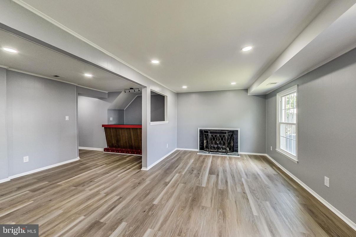 Empty room, Fireplace, Interior, Recessed Lighting, Wood Texture Flooring