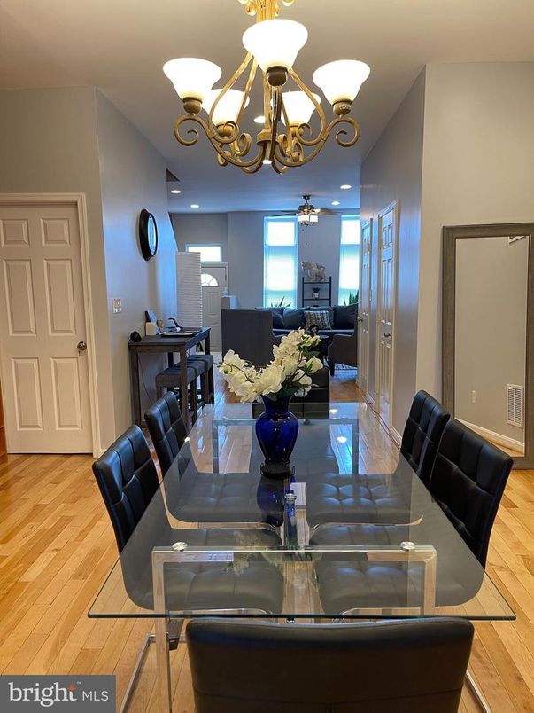 Chandelier, Dining room, Interior, Wood Texture Flooring