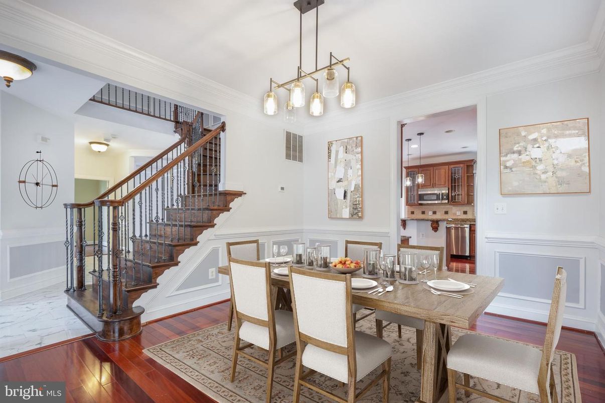 Dining room, Interior, Kitchen, Marble, Pendant Lights, Wood Texture Flooring