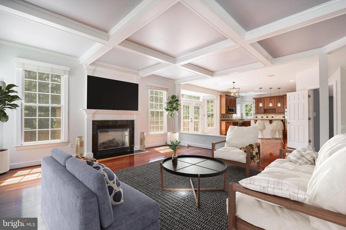 Fireplace, Interior, Kitchen, Living room, Pendant Lights, Recessed Lighting, Wood Texture Flooring