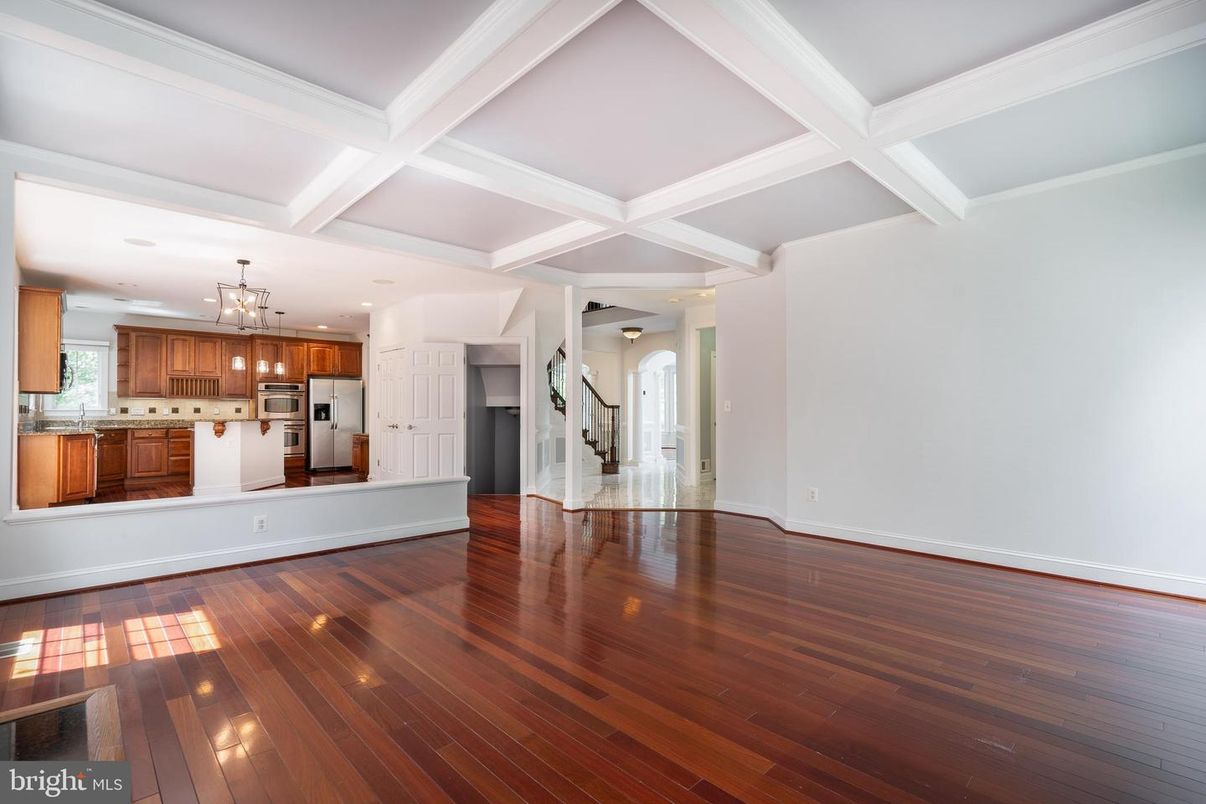 Chandelier, Empty room, Interior, Kitchen, Pendant Lights, Recessed Lighting, Wood Texture Flooring
