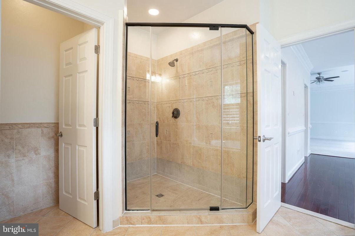 Bathroom, Glass Shower, Interior, Recessed Lighting, Wood Texture Flooring