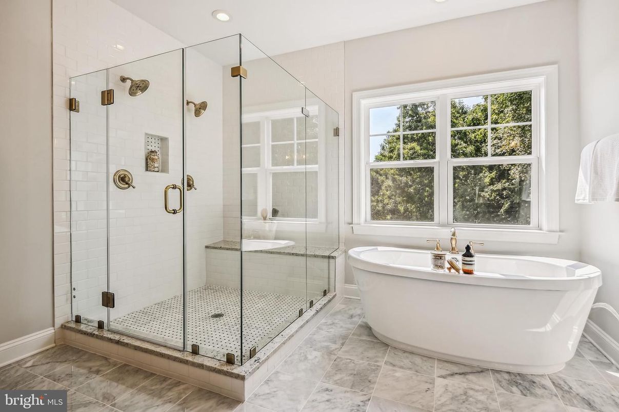 Bathroom, Free Standing Baths, Glass Shower, Interior, Marble, Recessed Lighting