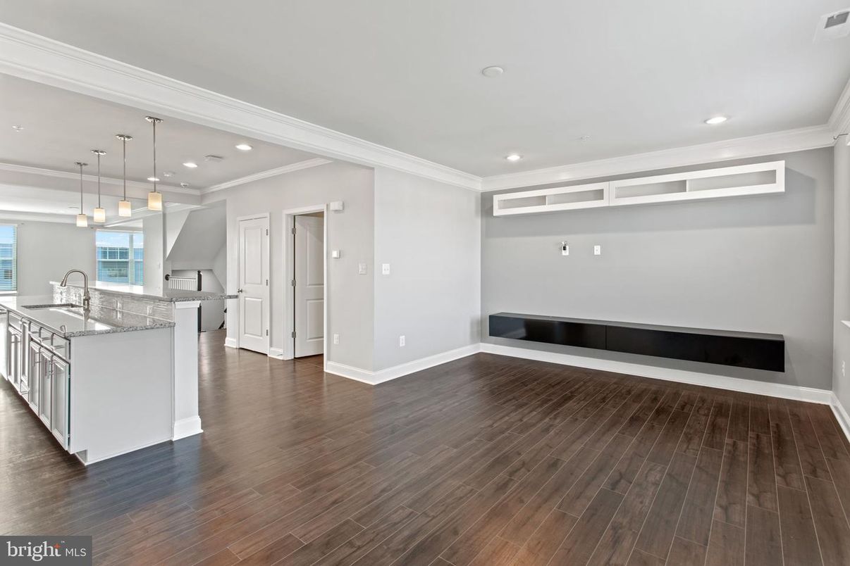 Empty room, Interior, Kitchen, Pendant Lights, Recessed Lighting, Wood Texture Flooring