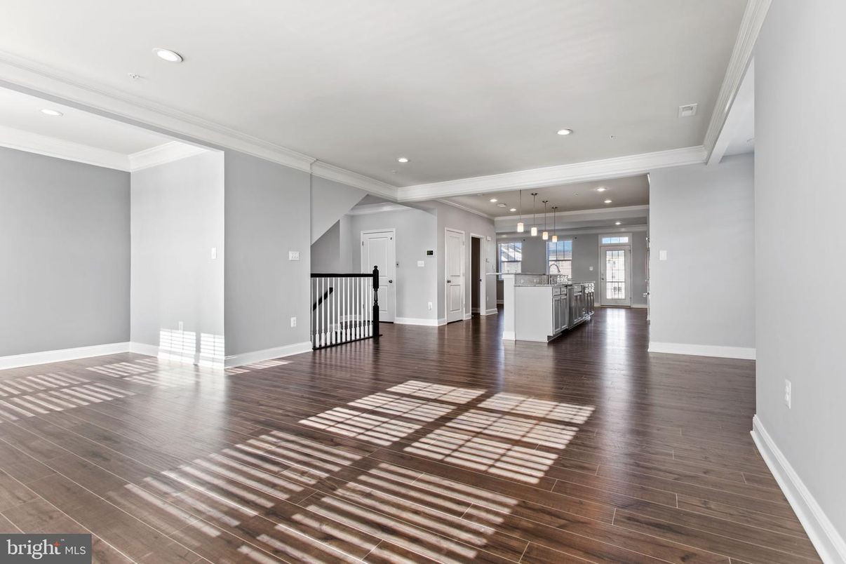 Empty room, Interior, Kitchen, Pendant Lights, Recessed Lighting, Wood Texture Flooring