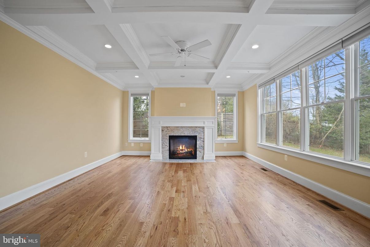 Empty room, Fireplace, Interior, Recessed Lighting, Wood Texture Flooring