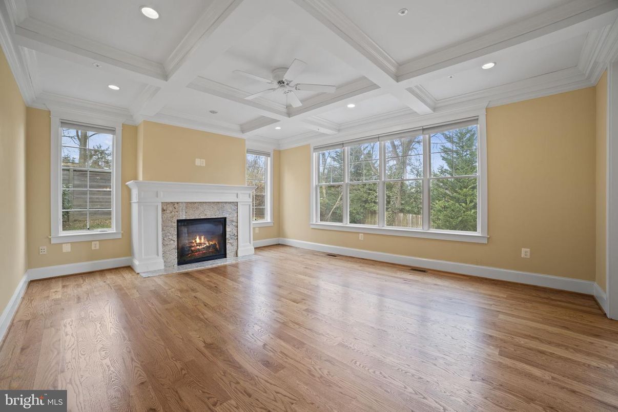 Empty room, Fireplace, Interior, Recessed Lighting, Wood Texture Flooring