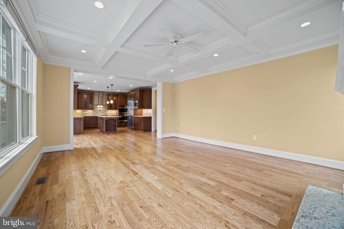Empty room, Interior, Kitchen, Pendant Lights, Recessed Lighting, Wood Texture Flooring