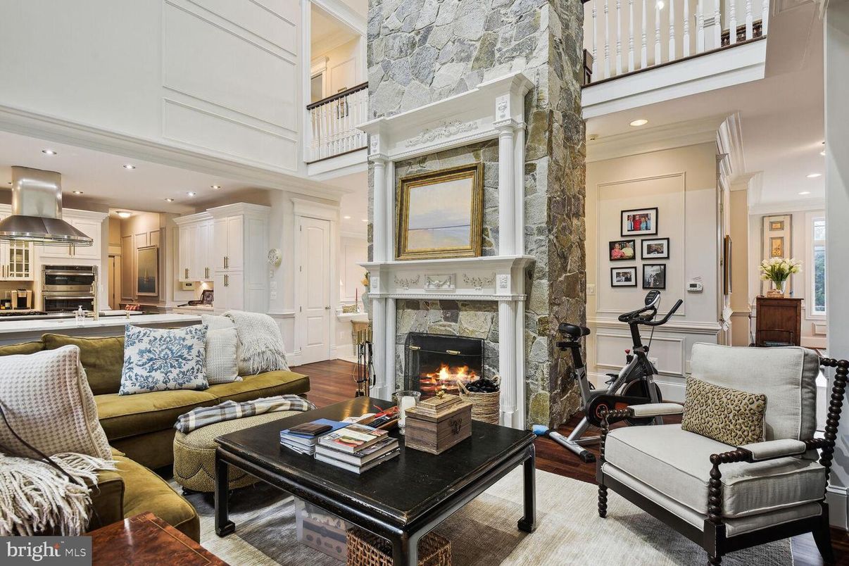 Fireplace, Fitness Equipment, Interior, Kitchen, Living room, Recessed Lighting, Stone Walls, Wood Texture Flooring