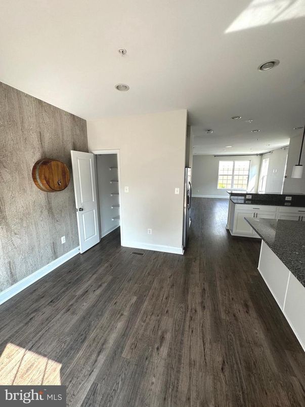 Empty room, Interior, Kitchen, Recessed Lighting, Wood Texture Flooring
