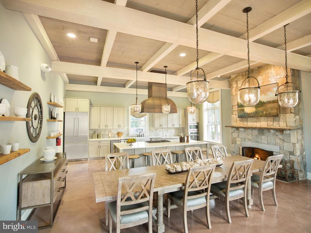 Dining room, Fireplace, Interior, Kitchen, Pendant Lights, Recessed Lighting, Stone Walls, Wooden Beams, Wooden Ceilings