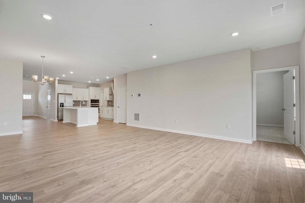 Chandelier, Empty room, Interior, Kitchen, Pendant Lights, Recessed Lighting, Wood Texture Flooring