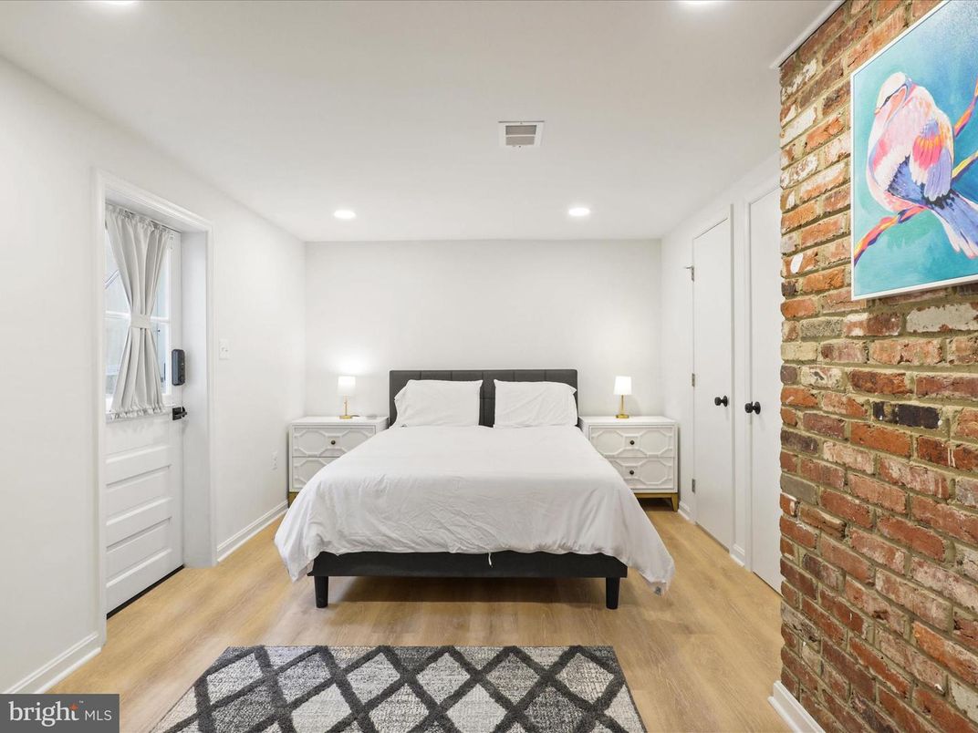Bedroom, Interior, Recessed Lighting, Stone Walls, Wood Texture Flooring