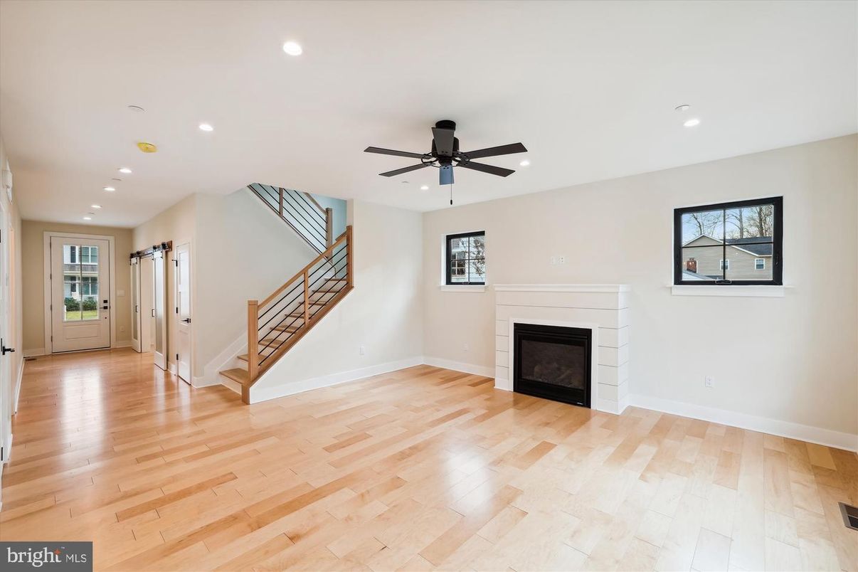 Empty room, Fireplace, Interior, Recessed Lighting, Wood Texture Flooring