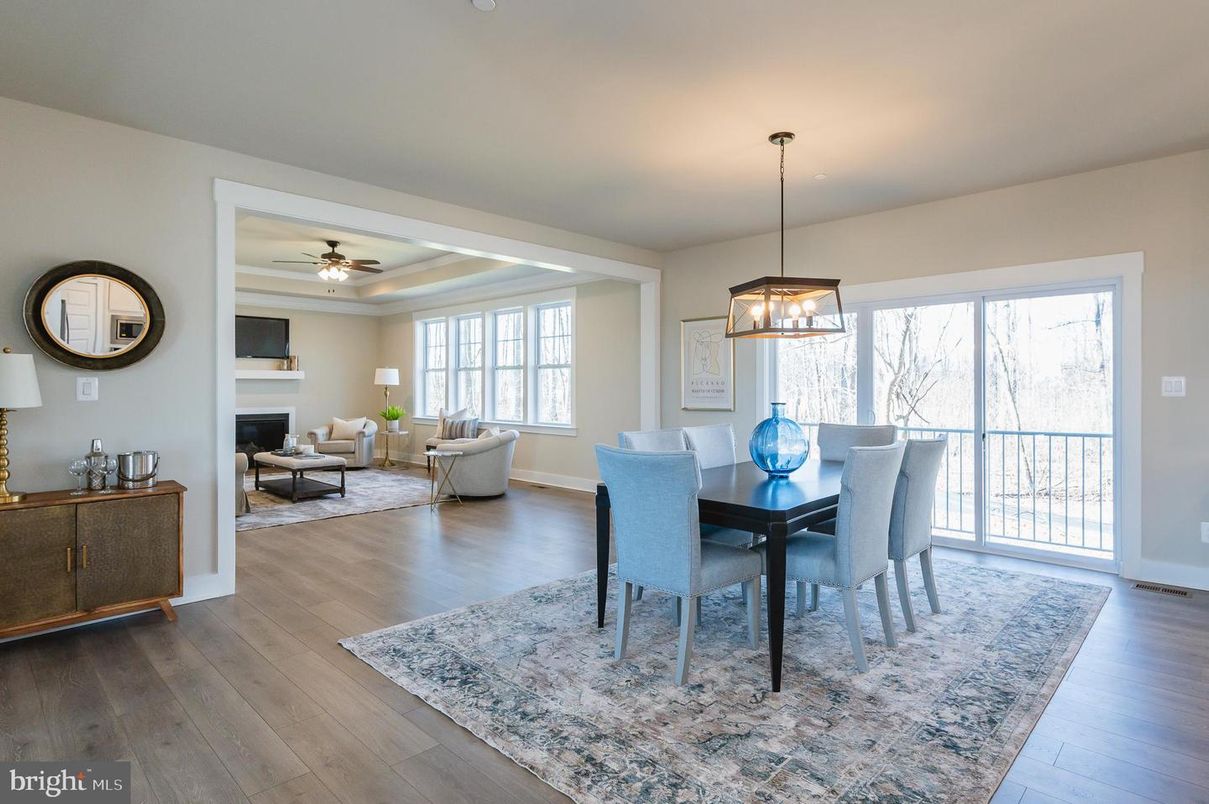 Dining room, Fireplace, Interior, Living room, Pendant Lights, Wood Texture Flooring