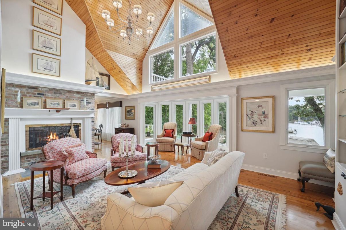 Fireplace, Interior, Living room, Pendant Lights, Wooden Ceilings, Wood Texture Flooring