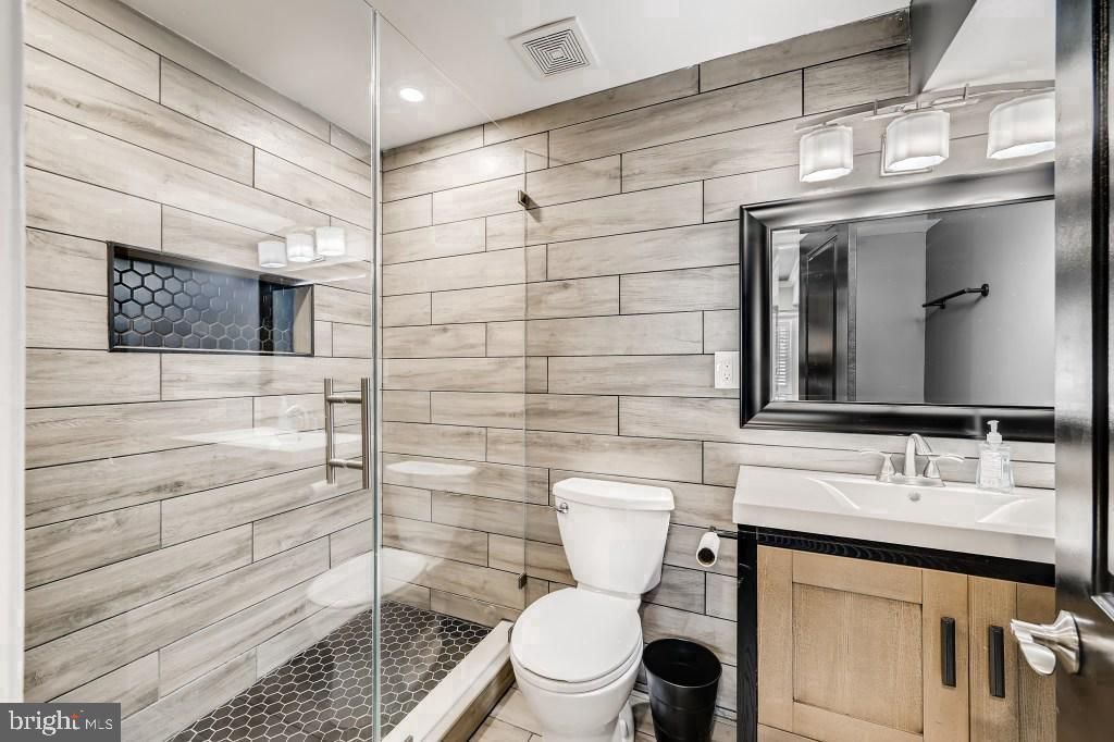 Bathroom, Glass Shower, Interior, Recessed Lighting, Wooden Walls