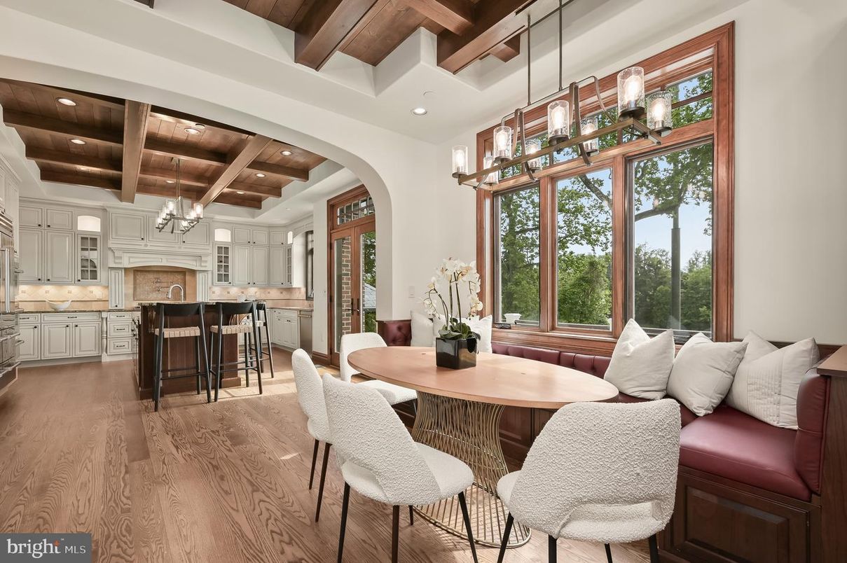 Chandelier, Dining room, Interior, Kitchen, Pendant Lights, Recessed Lighting, Stainless Steel Appliances, Wooden Beams, Wooden Ceilings, Wood Texture Flooring