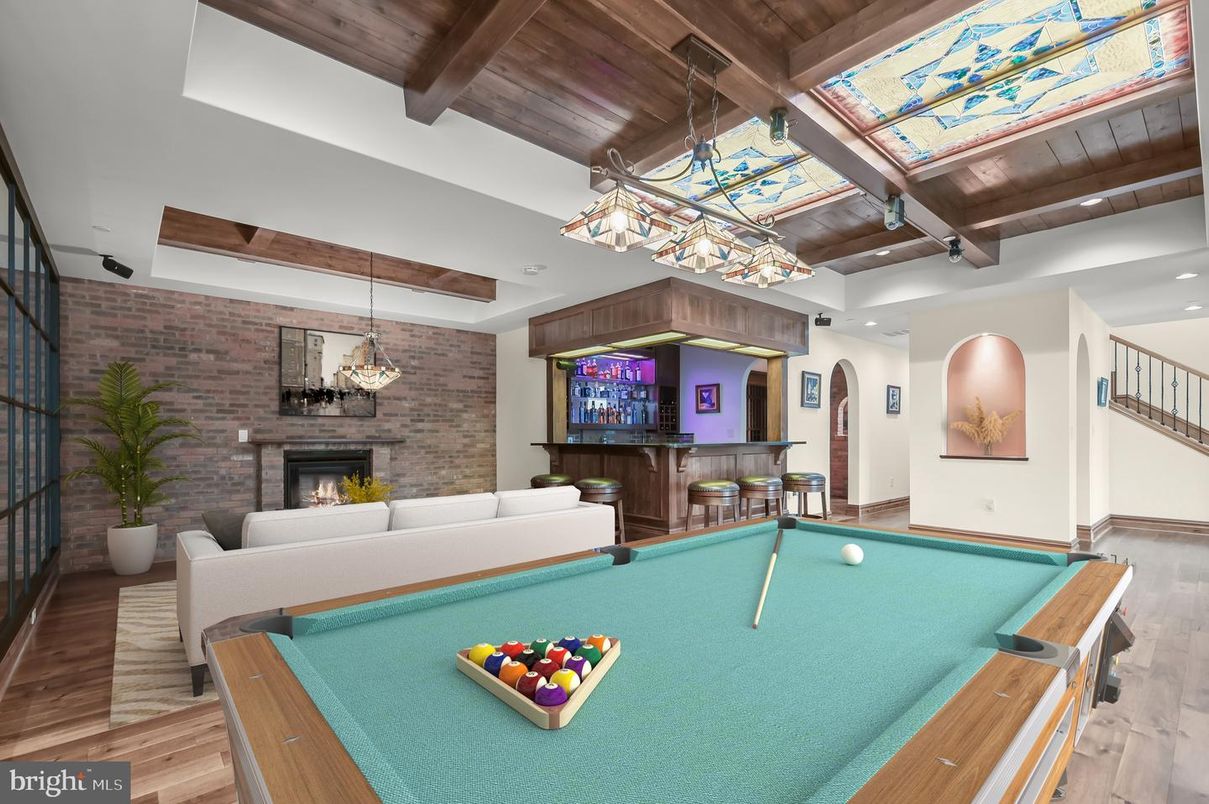 Billiard Table, Chandelier, Fireplace, Game Room, Interior, Pendant Lights, Recessed Lighting, Stone Walls, Wooden Beams, Wooden Ceilings, Wood Texture Flooring