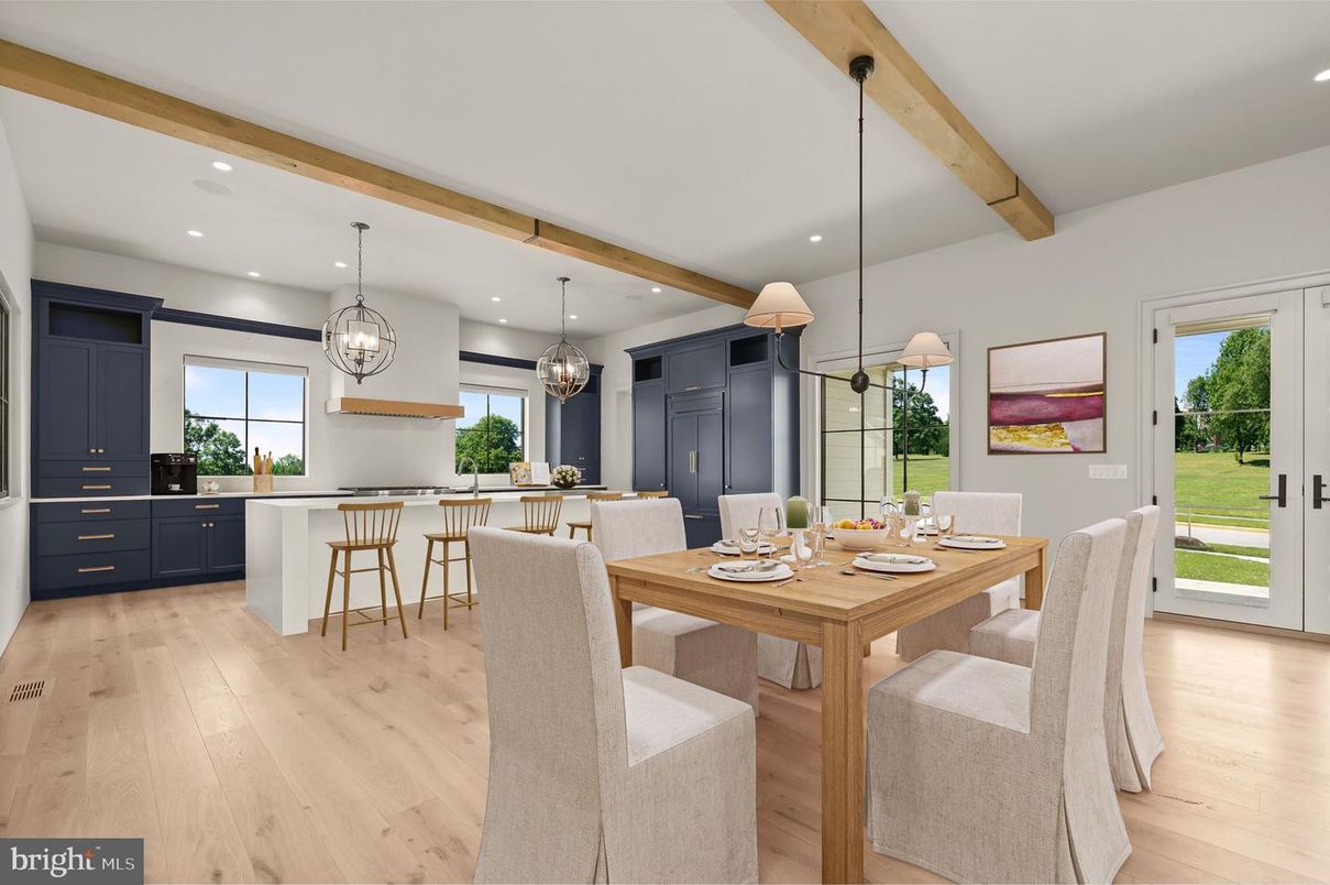 Dining room, Interior, Kitchen, Pendant Lights, Recessed Lighting, Wooden Beams, Wood Texture Flooring
