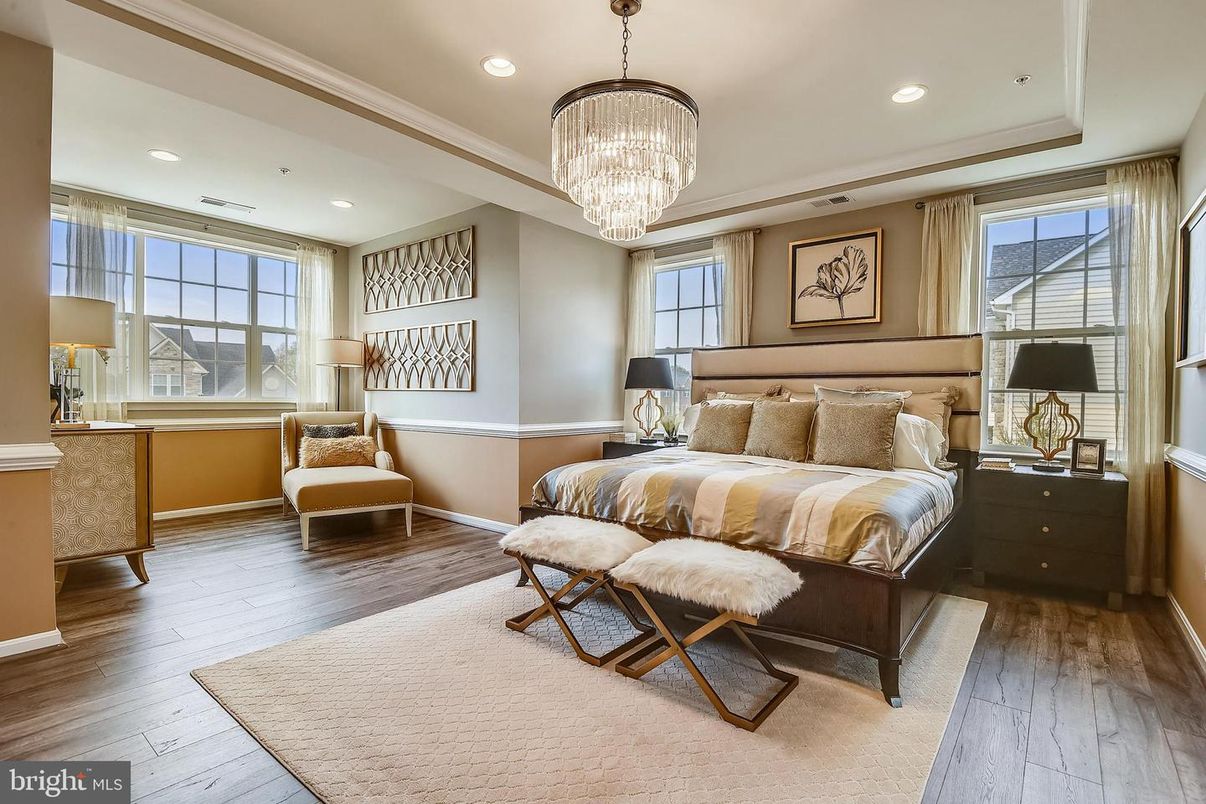 Bedroom, Chandelier, Interior, Recessed Lighting, Wood Texture Flooring
