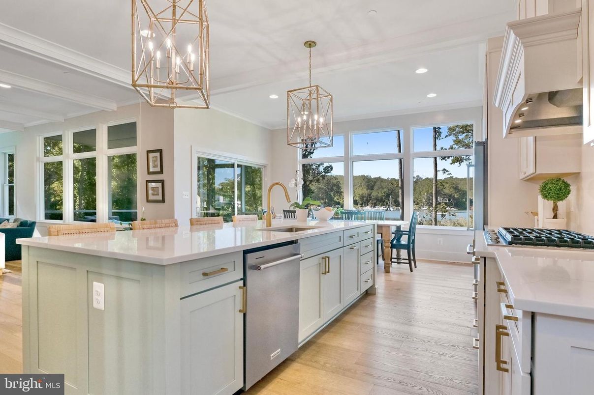 Chandelier, Interior, Kitchen, Pendant Lights, Recessed Lighting, Stainless Steel Appliances, Wood Texture Flooring